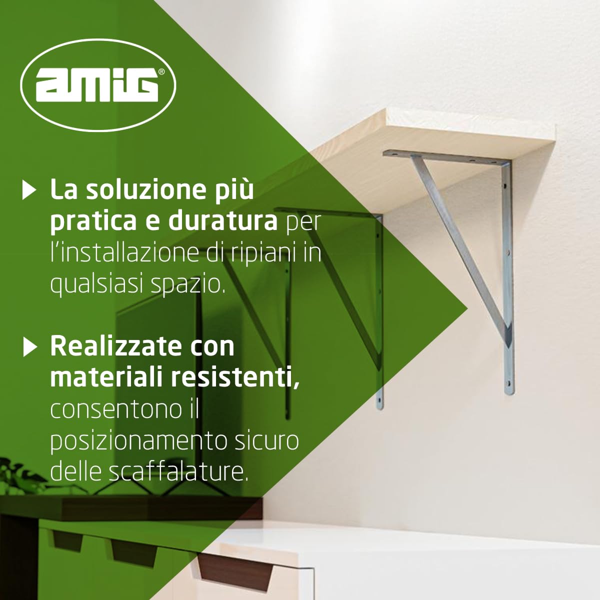 Amig - Staffa mensola - Set 4 staffe per mensole - Alta resistenza fino a 225 kg - 400 x 275 mm - Acciaio - Argento