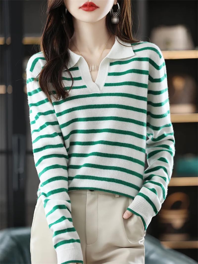 Dninmim Maglione da donna in lana con collo a polo, per autunno e inverno, casual, a righe