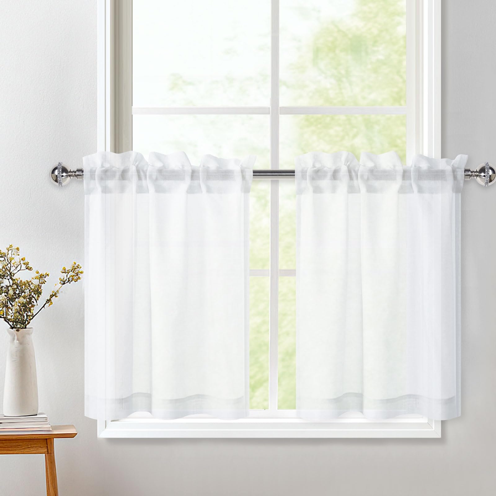DWCN White Kitchen Voile Curtains 18 Inch Drop, Net Curtains for Windows Cafe Curtains, Washing Machine CurtainLight Filtering Small Window Curtain Tiers for Bathroom Christmas, W26xL18 Inch, 2 Panels