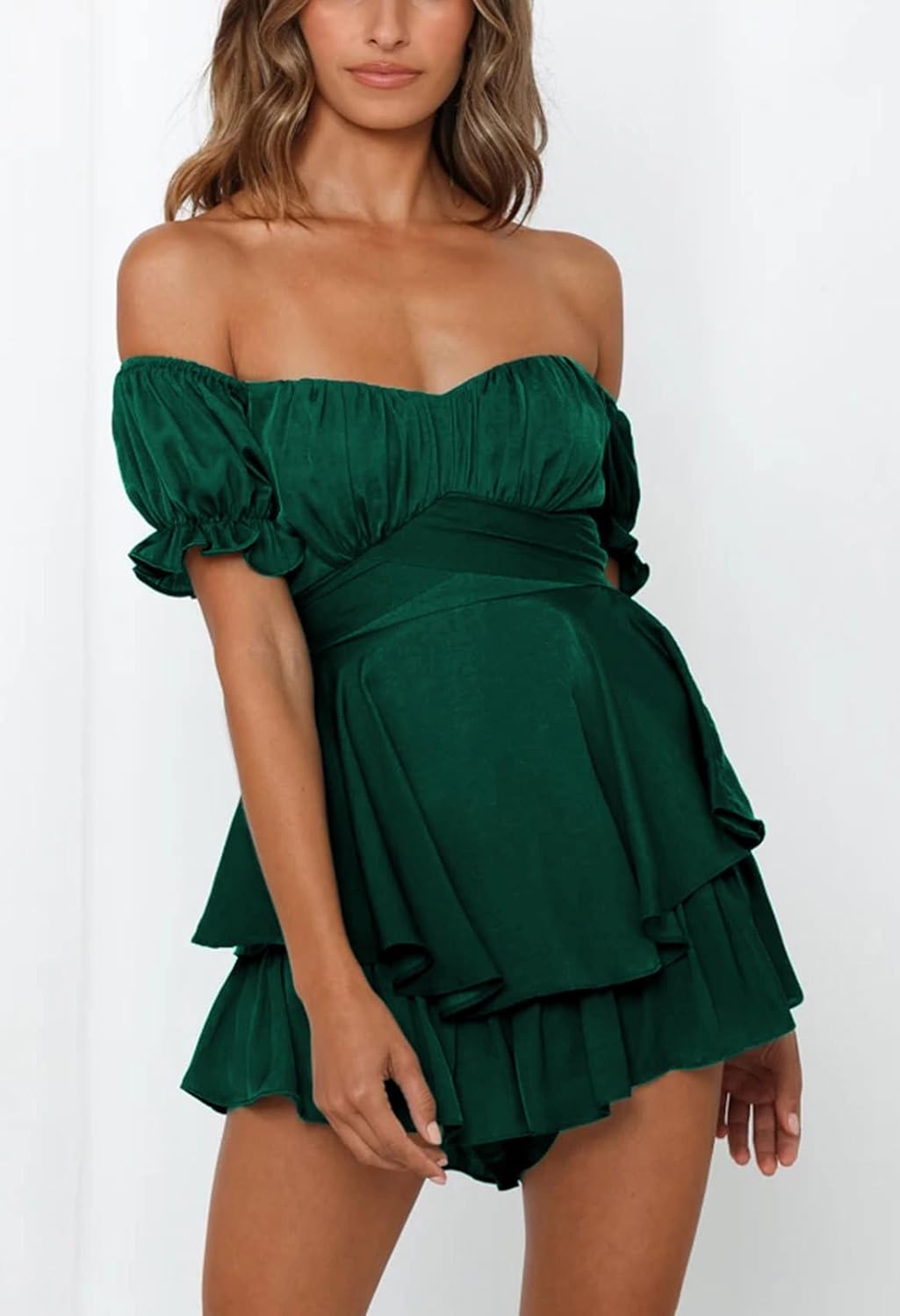 aohite womens summer tube top dress off-shoulder ruffled flowy mini short dresses b-army green medium