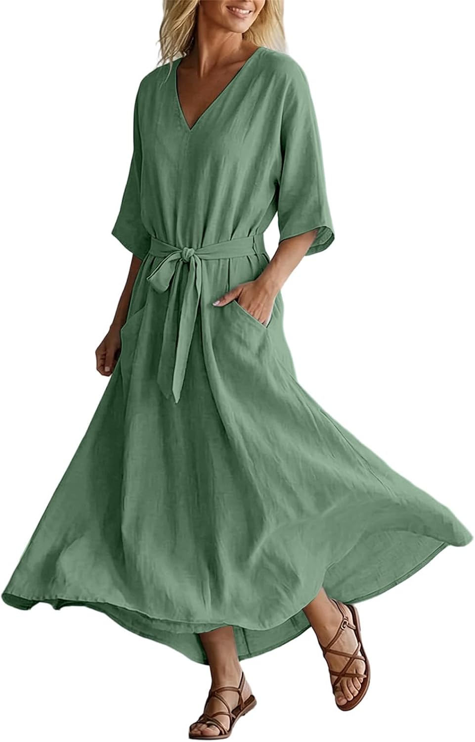 Women's V Neck Flowy Dresses, Summer Lightweight Casual Midi Dress 2026 Trendy 3/4 Sleeve Travel Sundress Resort Wear