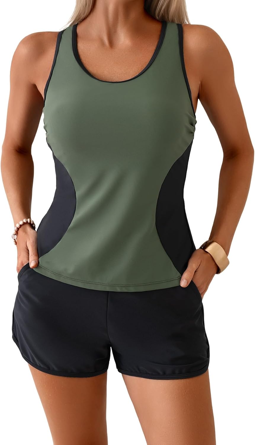 Aidonger Tankini Swimsuits for Women Tummy Control Two Piece Bathing Suits with Sporty Pockets Boyshorts Swimwear