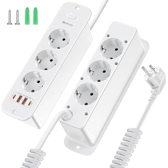Retractable 6-Way Socket with 2 x USB-C 4000 W/16 A 2 m Cable 1.5 mm  - White Built-in Socket for Tabletop Office/Workplace USB Charging Ports & Multiple Socket
