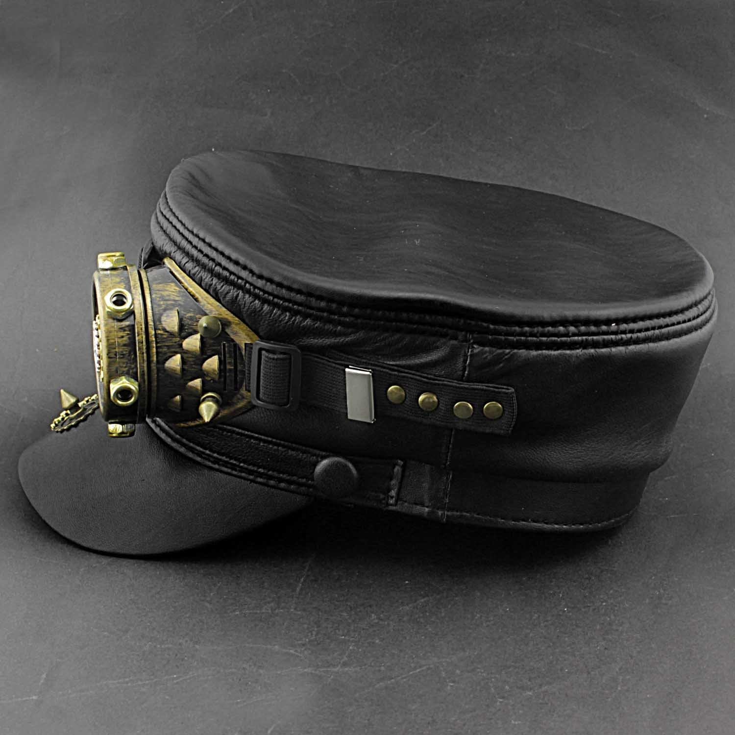 Unisex Steampunk Leather Newsboy Cap Gear Goggle Black Real Leather Cap