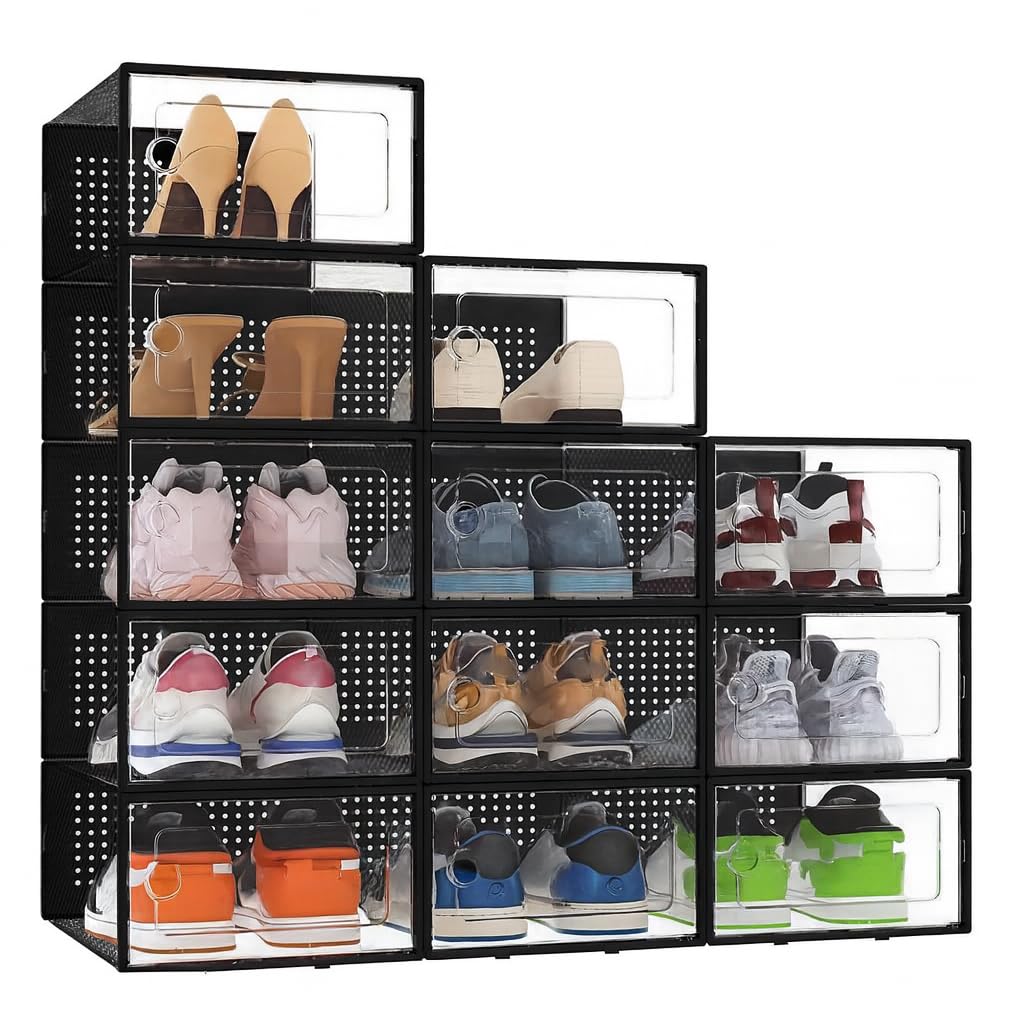 AH Living Shoe Storage Box, 12 Pack, Stackable Shoe Boxes, Plastic Shoe Organisers with Lids, Breathable, Suitable for Women’s/Men’s Shoes, Fits up to UK 11 (Black, Large)