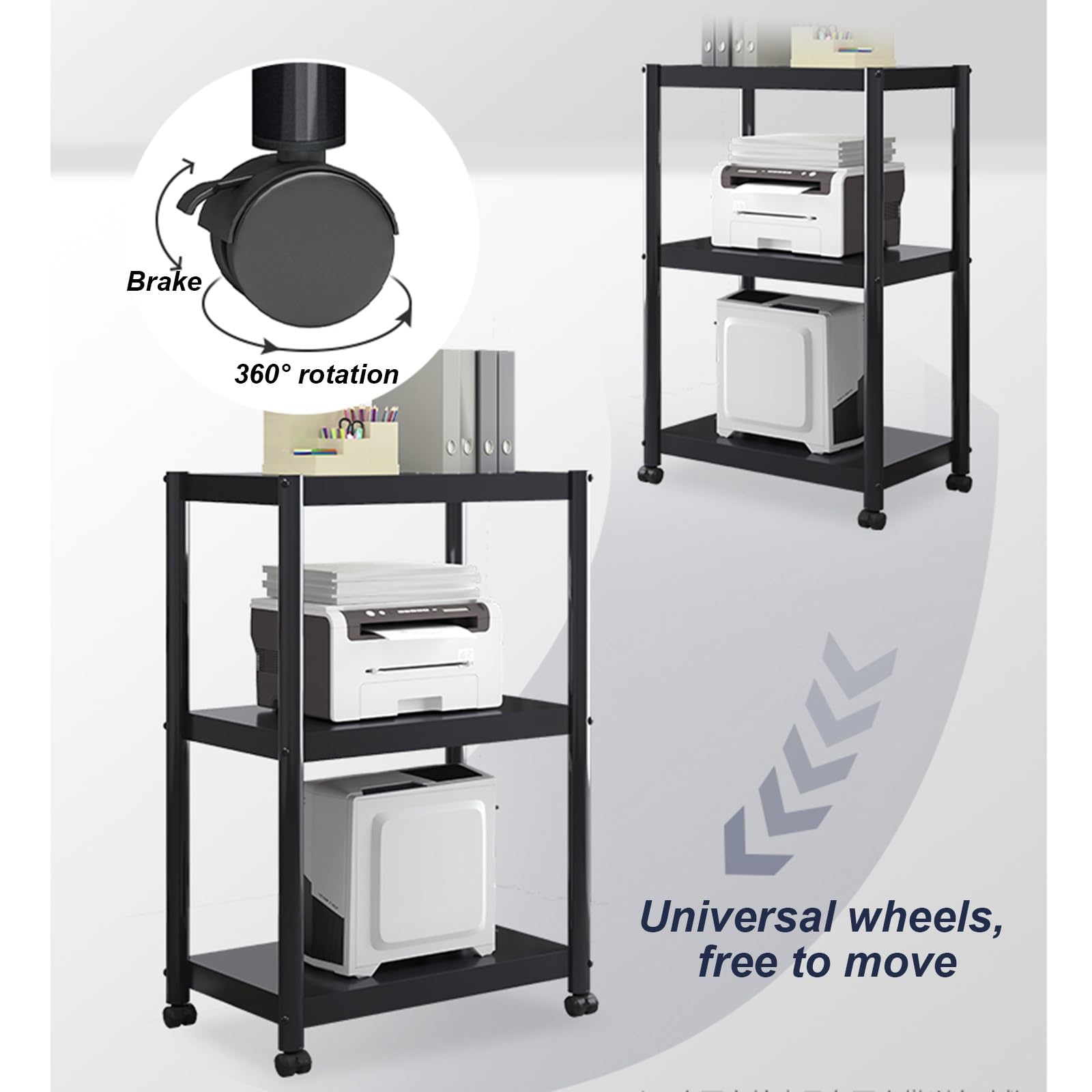 Soporte metálico para Impresora con Ruedas, Carrito de Almacenamiento de 3 Niveles Que Ahorra Espacio, con estantes rodantes para escáner y Prensa térmica | Mesa Multiusos para el