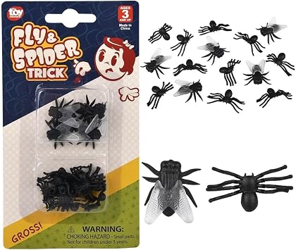 Zugar Land Realistic Looking Fake 5 Flies and 10 Spiders Per Set on Blister Card 1 Set Plastic Fly Insect Bugs Props Decor Gag Fun Prank Scary Trick Tricky Cupcake Toppers Halloween Joke 1 Set