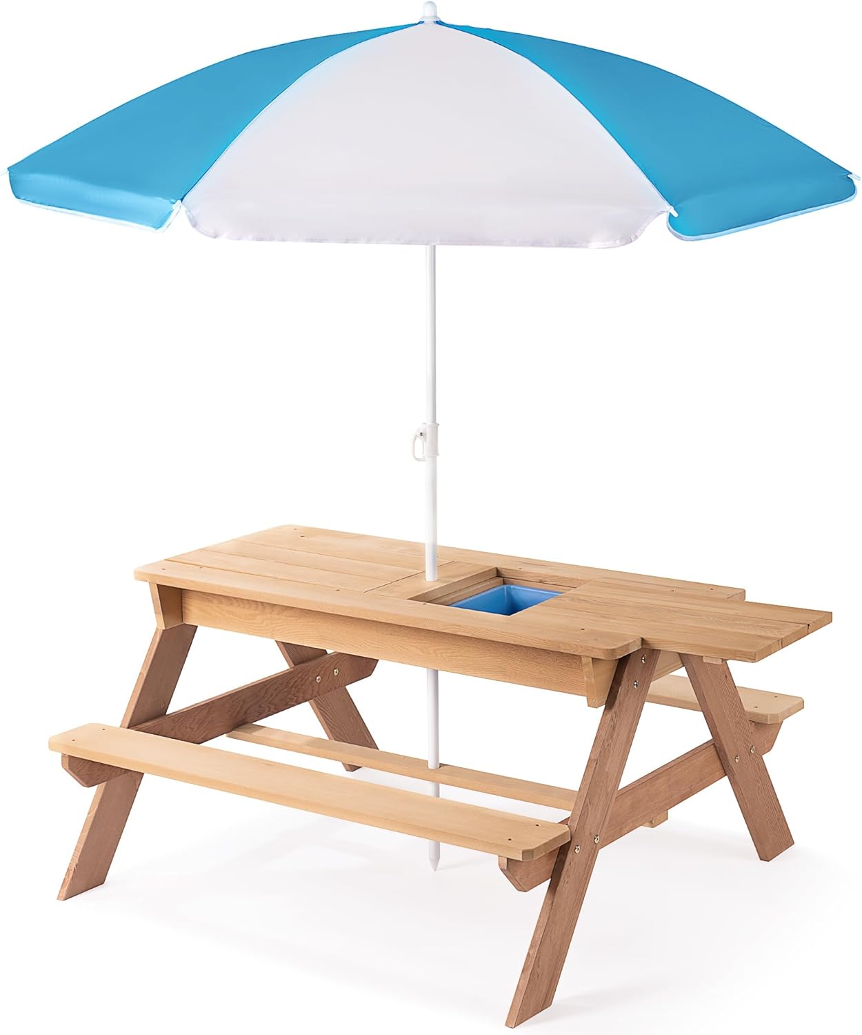 3-in-1 Outdoor Wooden Picnic Table with Adjustable Sun Umbrella – Convertible Sand Table and Water Play Station for Backyard Use