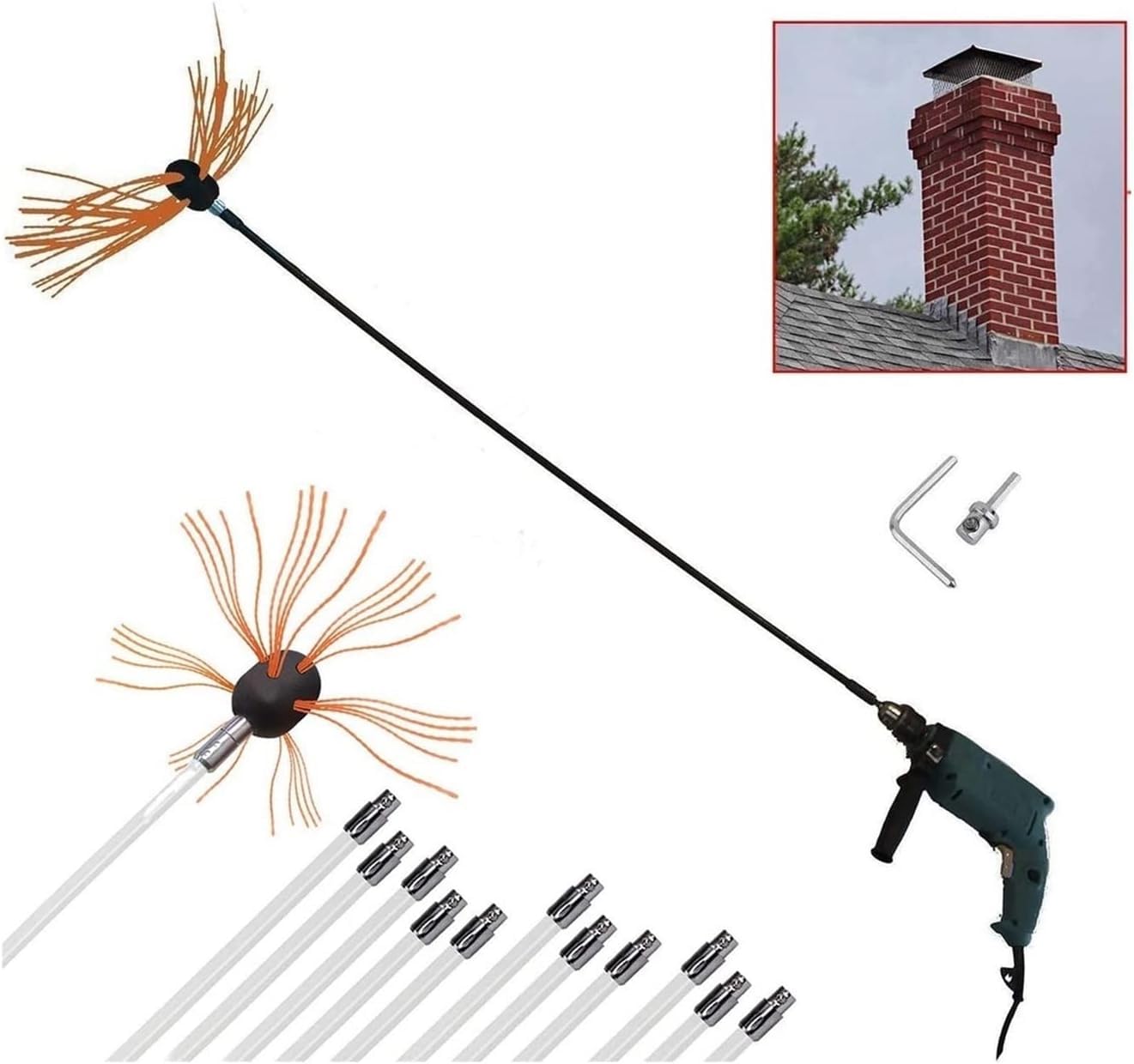 Outil de nettoyage de cheminee avec kit de ramonage 8m pour conduit de brique et metal