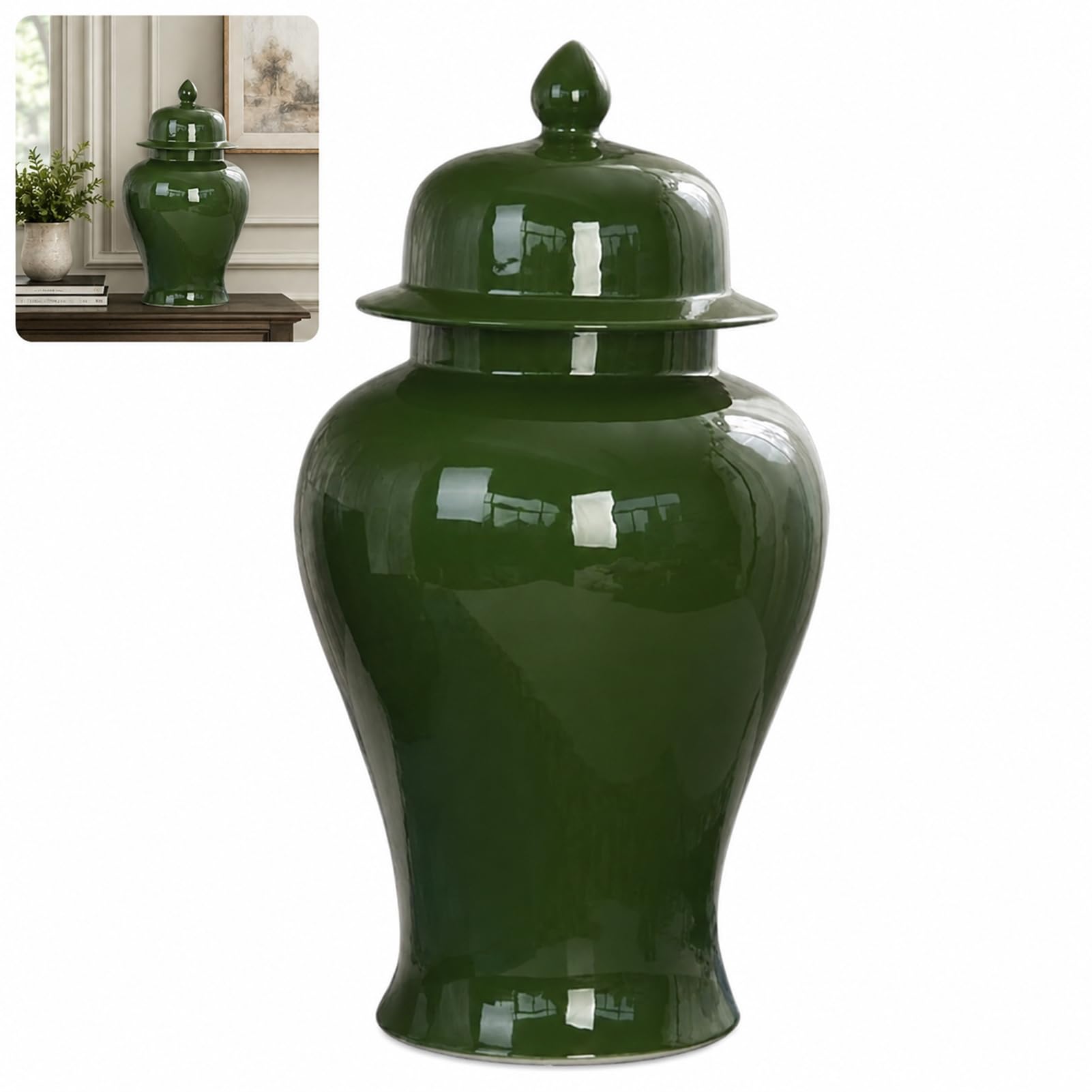 Retro Porcelain Ginger Jar Ceramic Decorative Vase With Lid Oriental Temple Jars (green,18.5 * 35cm)