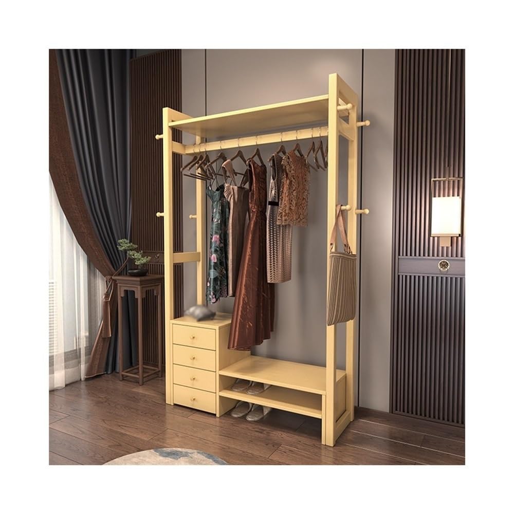 Coat Stand Solid Wood Clothes Hanger Floor Bedroom Shoe Rack Living Room Wardrobe with Drawer Multifunctional Storage Shelf