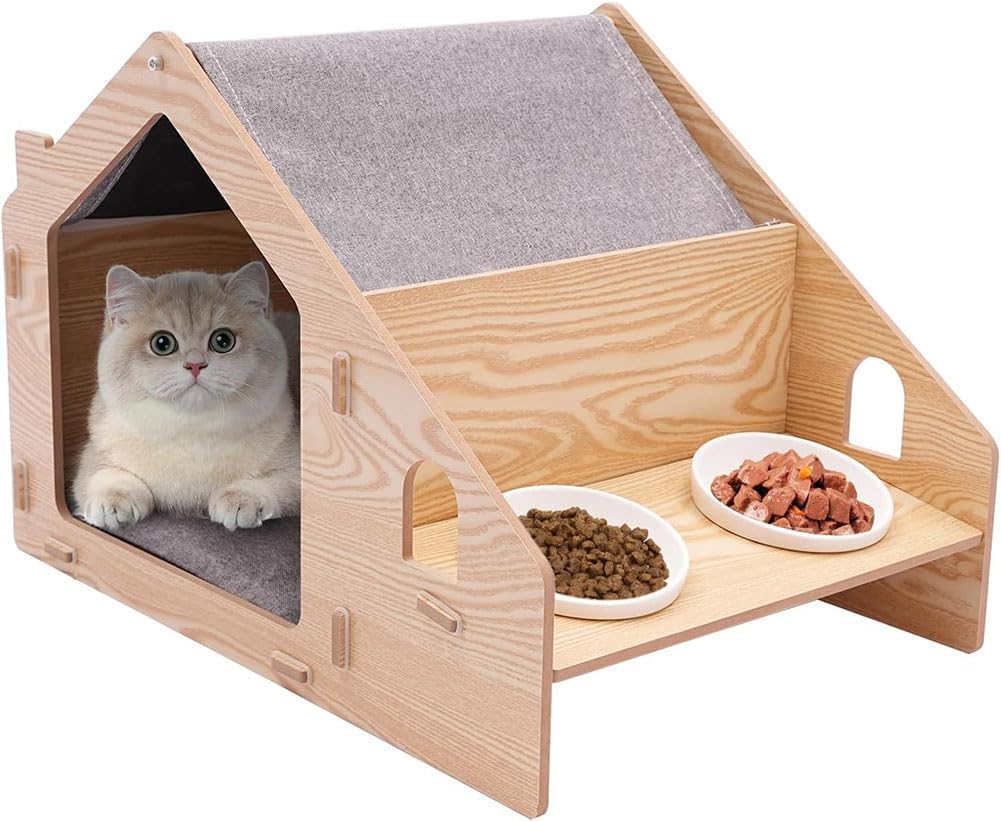 Cat House Wooden Pet House Cat Cave with Cushion and 2 Cat Bowls Apartment Stool, Cube House for Cats and Small Dogs (Wood Color)