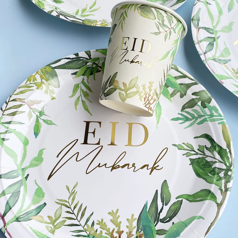 Eid Mubarak Disposable Tableware Next Day DELIVERY Ramadan Mubarak Disposable Tableware, Eid and Ramandan Decor (x10 Plates, x10 Cups x20 Napkins - 40 Piece Set) (Green Leaf)