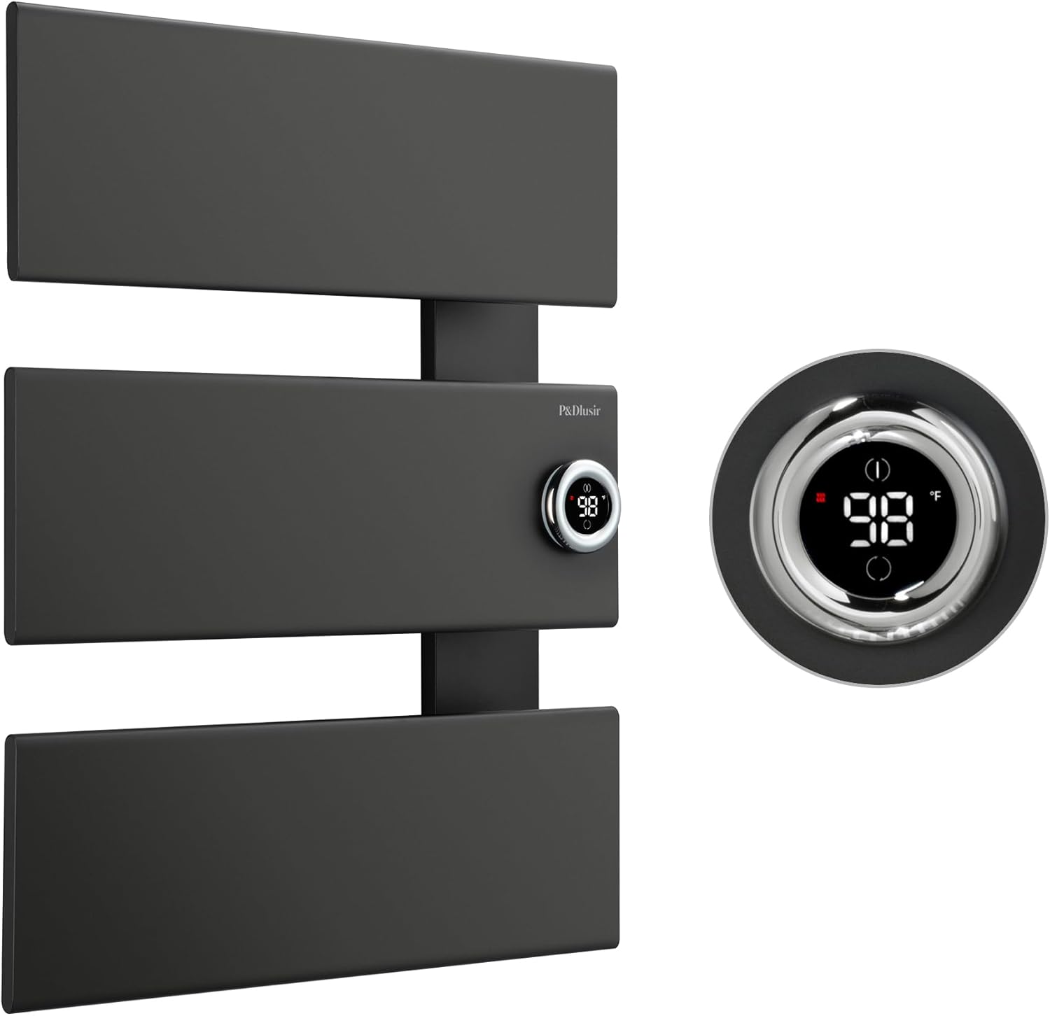 P&Dlusir Towel Warmer, Heated Towel Rack with Adjustable Temperature and Timer (1-24h, On), Fast Heating and Drying for Bathroom, Memory & Remote Control Compatible, Right-Wiring, 2-Panel, Silver