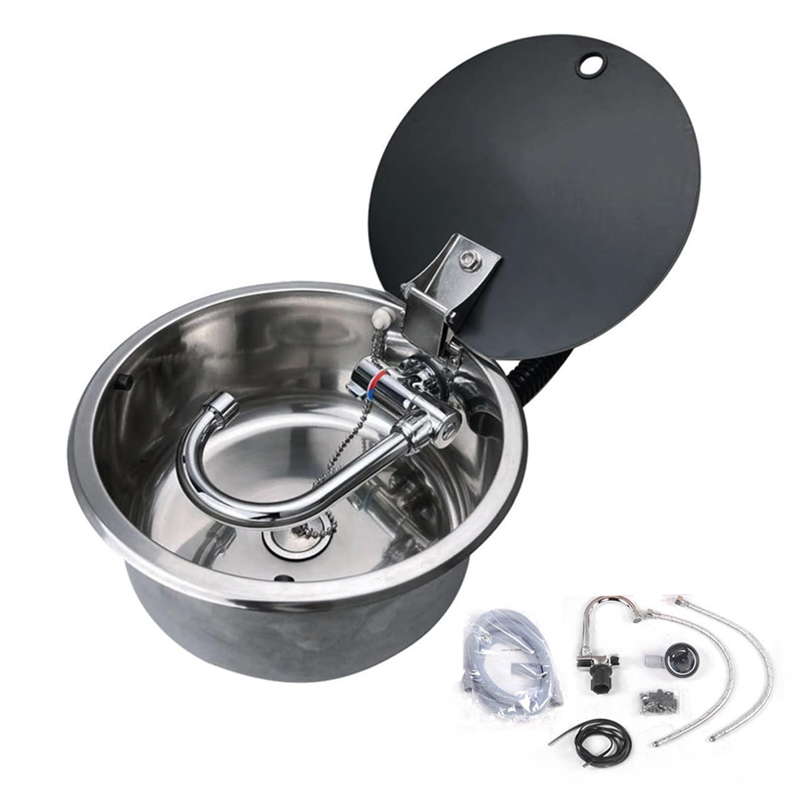 Évier de cuisine rond pour camping-car en inox avec robinet pliable et couvercle en verre