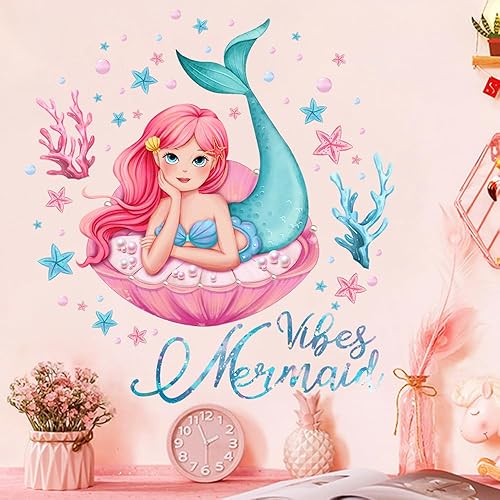 Miniatura 3 de Buer Homie Calcomanías para dormitorio de niñas, calcomanías de pared para guardería, patrón de sirena