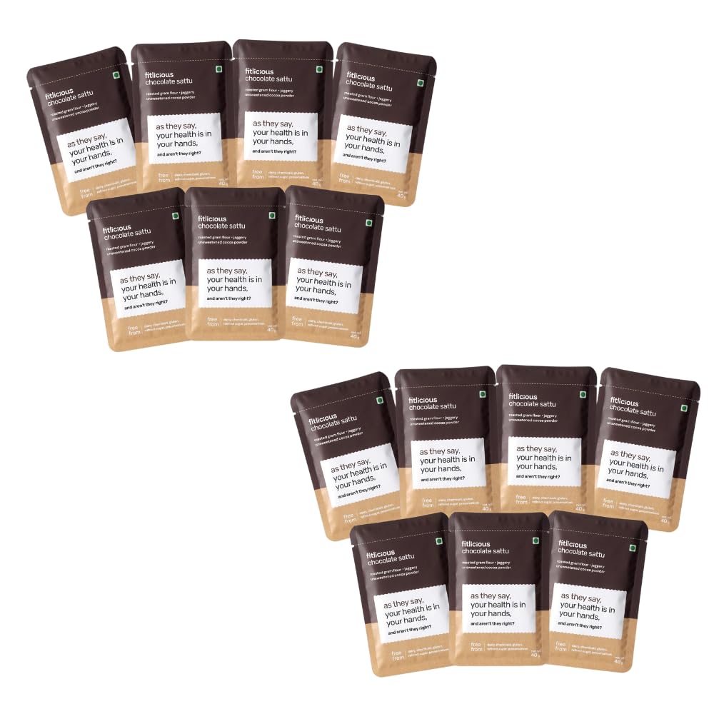 fitlicious Chocolate Sattu | 100% Natural & Organic | Ready to drink | Fiber-Rich & High Protein | Gluten Free | Roasted Gram Atta /Bihar ka Chana Sattu | Instant Summer Drink | All Age Group| Pack of 14 sachets| 40 gms each|