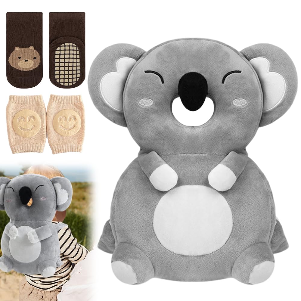 Protector de Cabeza para Bebé Koala, Mochila Anticaídas Ajustable con Rodilleras y Calcetines Antideslizantes, Protector de Cabeza para Bebe, Protección para Gateo y Primeros Pasos 6–24 Meses