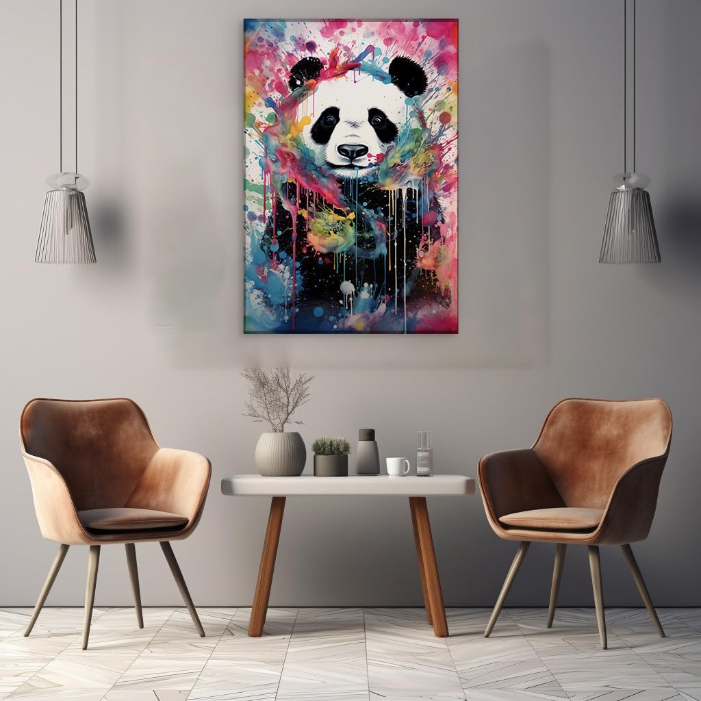 Canvas for Living room. Vibrant Panda Portrait: A Fusion of Wildlife and Whimsical Colors, 27 x 18 inch Canvas Wall Art - Ready to Hang - 69x46 cm (27x18 inch)