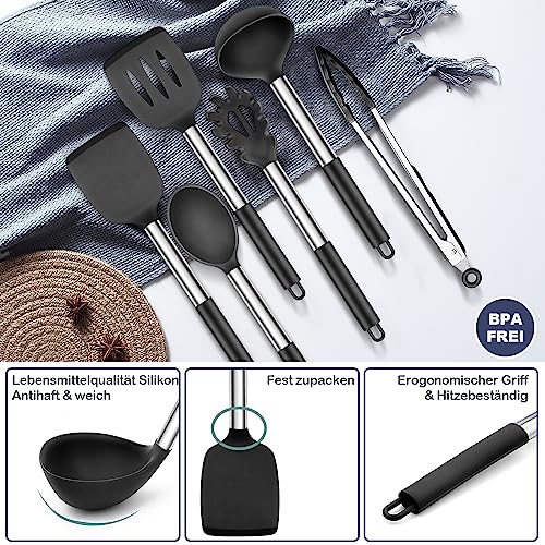 Foto von Herogo Silikon Küchenhelfer Set, 6 Stück Kochutensilien Kochbesteck Set mit Edelstahlgriff, Hitzebeständiger & Antihaft, Silikon Küchenutensilien Wender Zange Pfannenwender Set – Schwarz