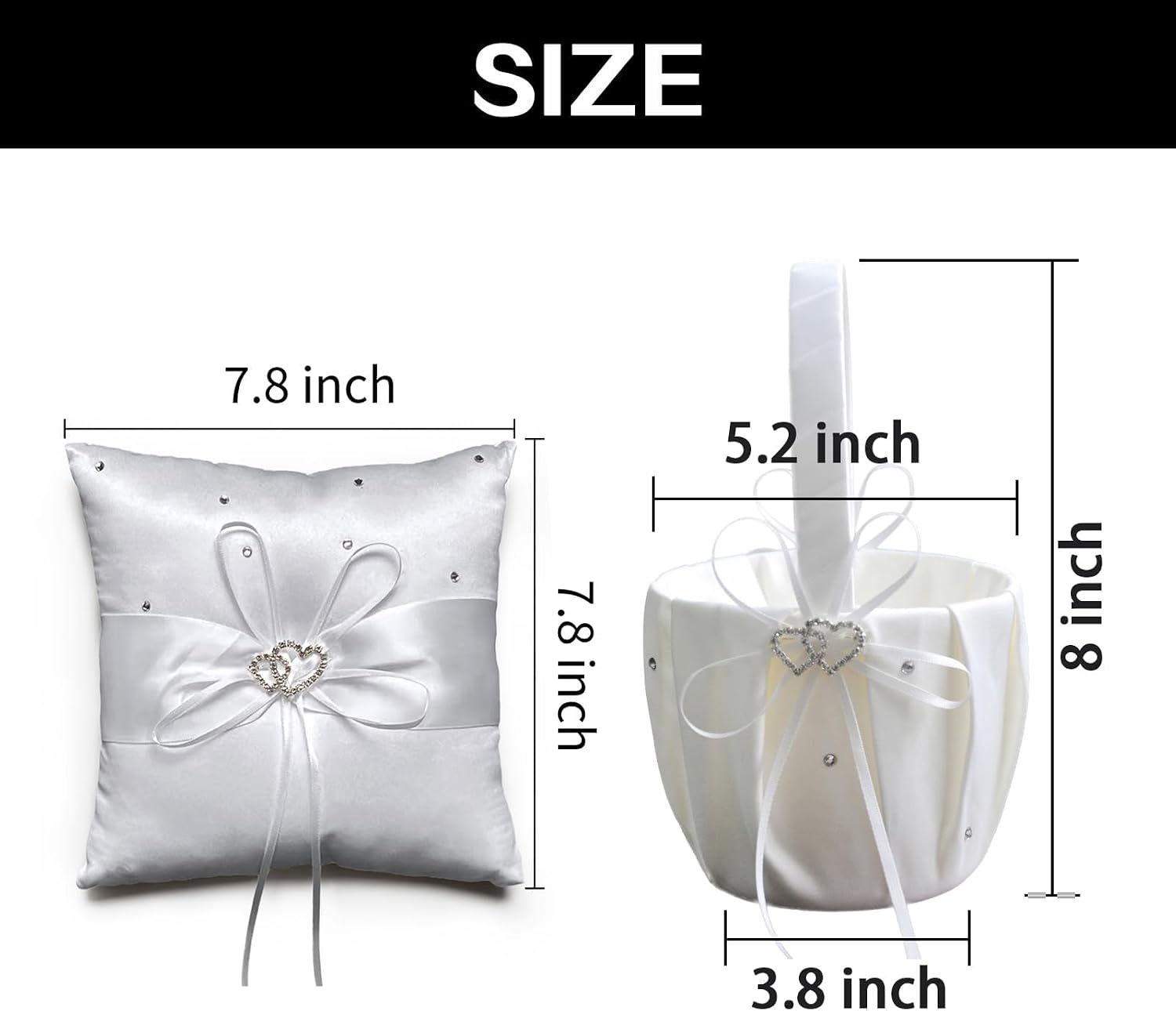 Flower Girl Baskets and Ring Bearer Pillow Set, Fariy Baskets with Pearl Rhinestones Satin Lace for Flower Girls, Ring Pillow for Ring Boy Wedding Ceremony Party Decor (White Hearts Set)