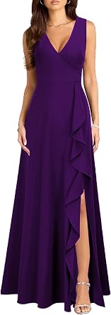 MUSHARE Womens V Neck Sexy Split Cocktail Dress with Pockets Ruffle Party Long Formal Dress