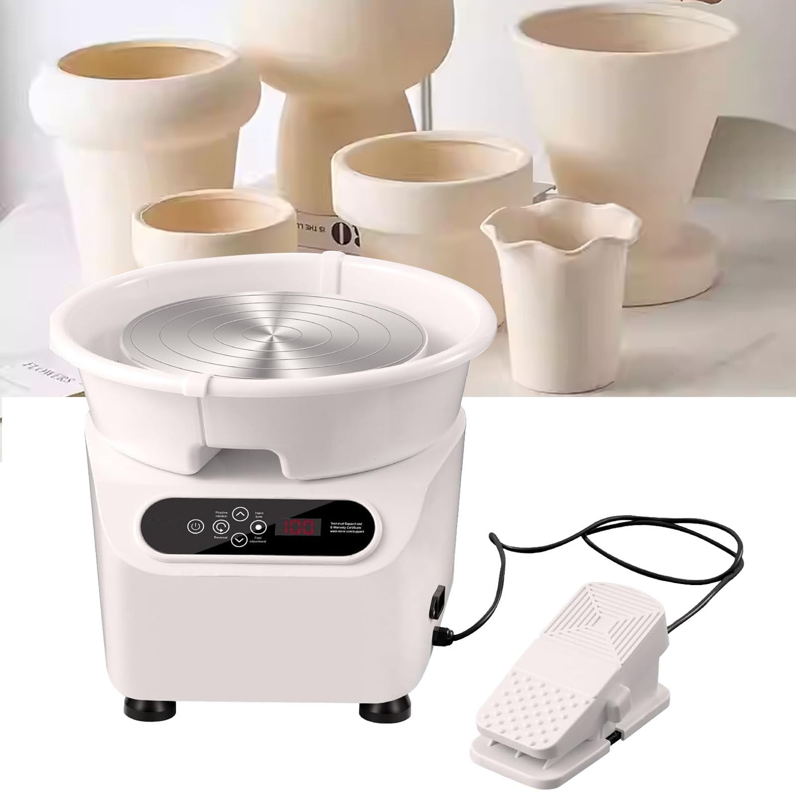 FBJAMZ Electric Pottery Wheel,with Foot Pedal LCD Screen,Adjustable Speed Ceramic Clay Forming Machine,Tool Kit for DIY Pottery Crafts (White)