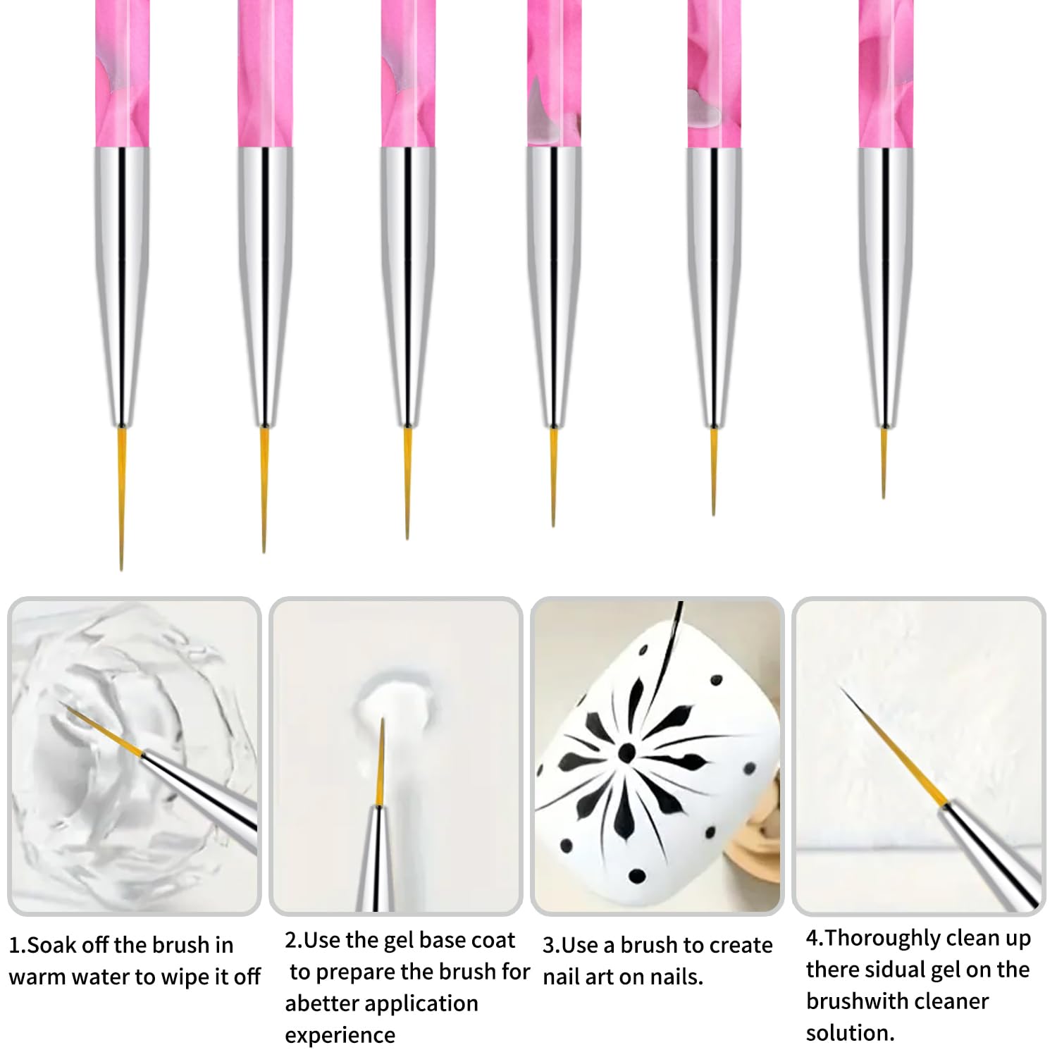 6Pcs Nail Art Liner Brushes, Pink Precision Thin Liner Nail Brush Set for Gel Polish, Striping Brushes for Long Lines & Intricate Details, Sizes 7/9/11/13/15/20mm, Painting Art Design Pens