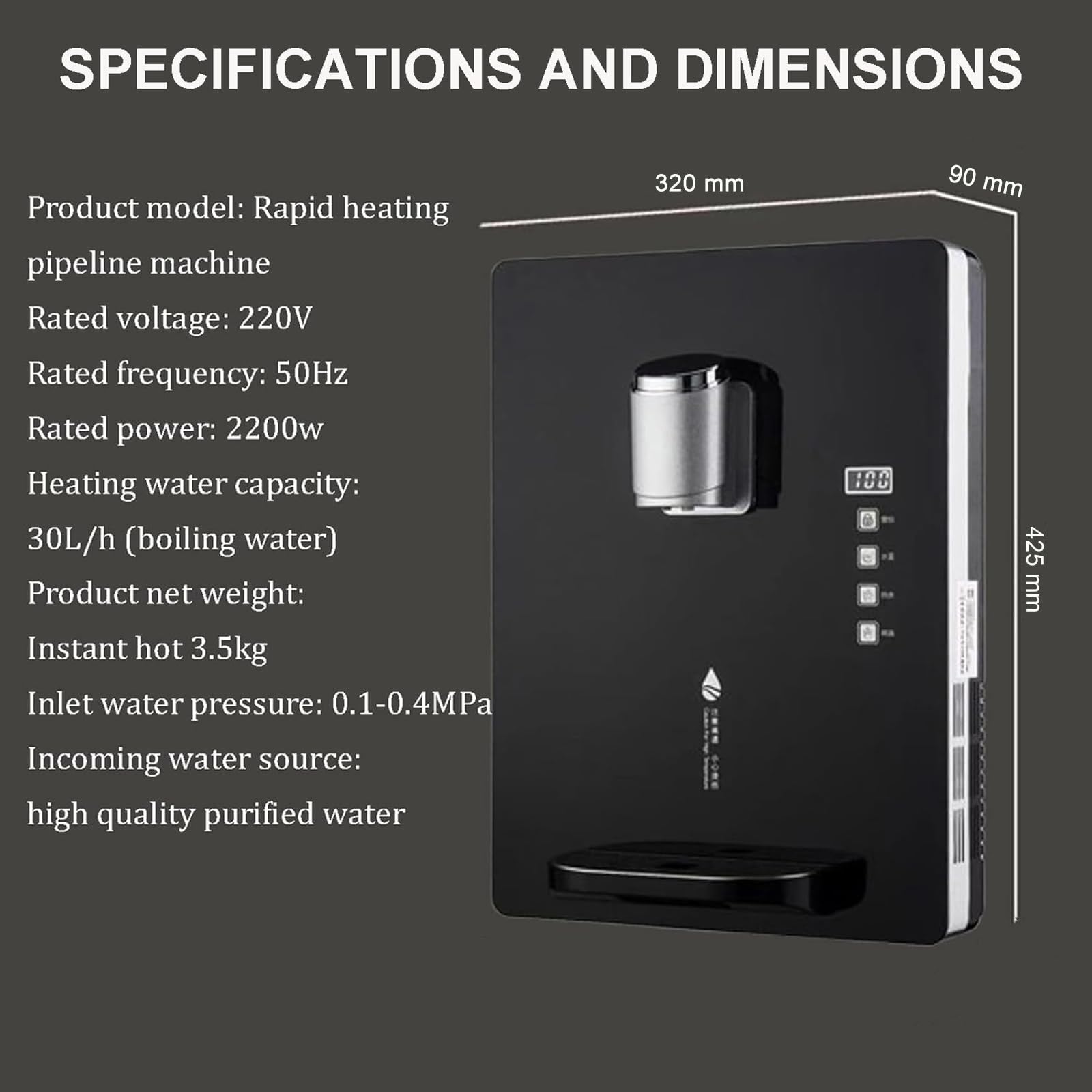 Distributore di acqua calda istantanea, 2200 W, riscaldamento in 3 secondi, uscita 30 l/h, blocco elettronico per bambini, touch screen con controllo della temperatura, ideale per casa e ufficio