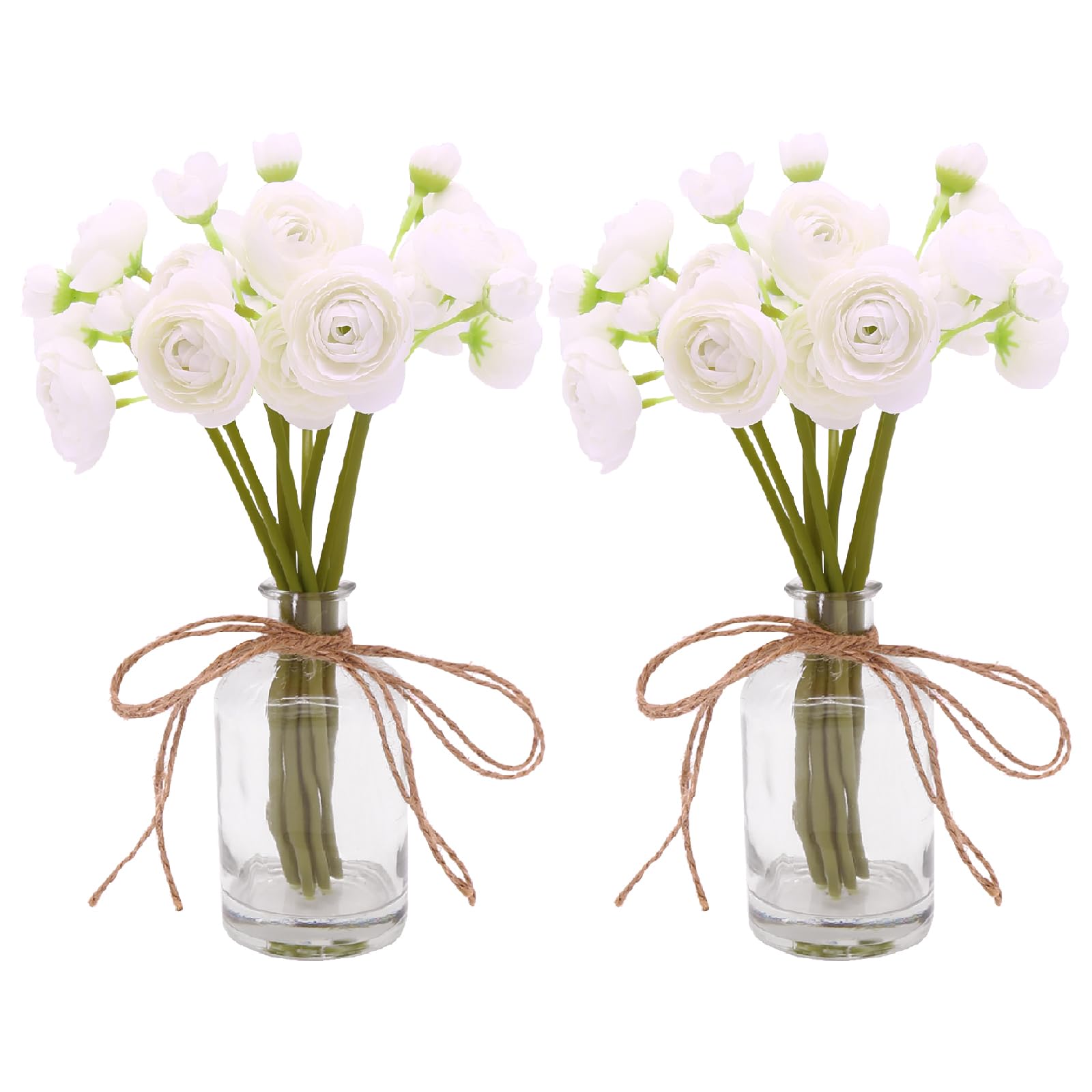 VIKINGS PANDA Set of 2 Mini Ranunculus Artificial flowers with Small Vase, Faux Flowers in Vase, Silk Flowers Bouquet for Decor Indoor(White)