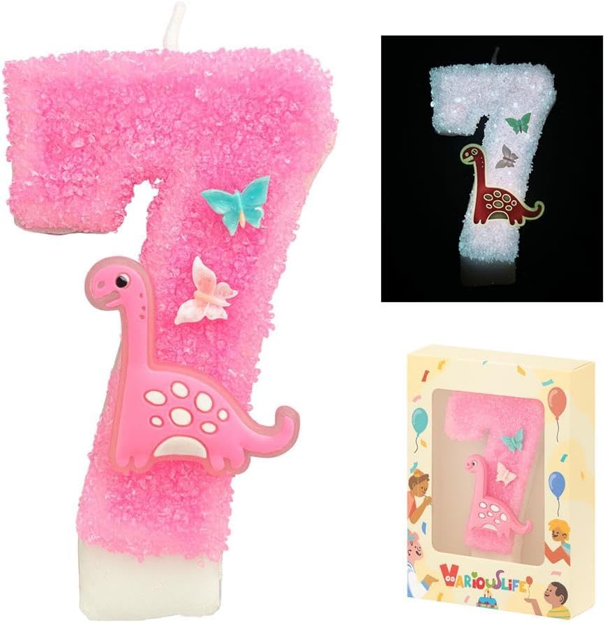 Pink Glow in the Dark Birthday Number Candles 3 with Dinosaur for Girl