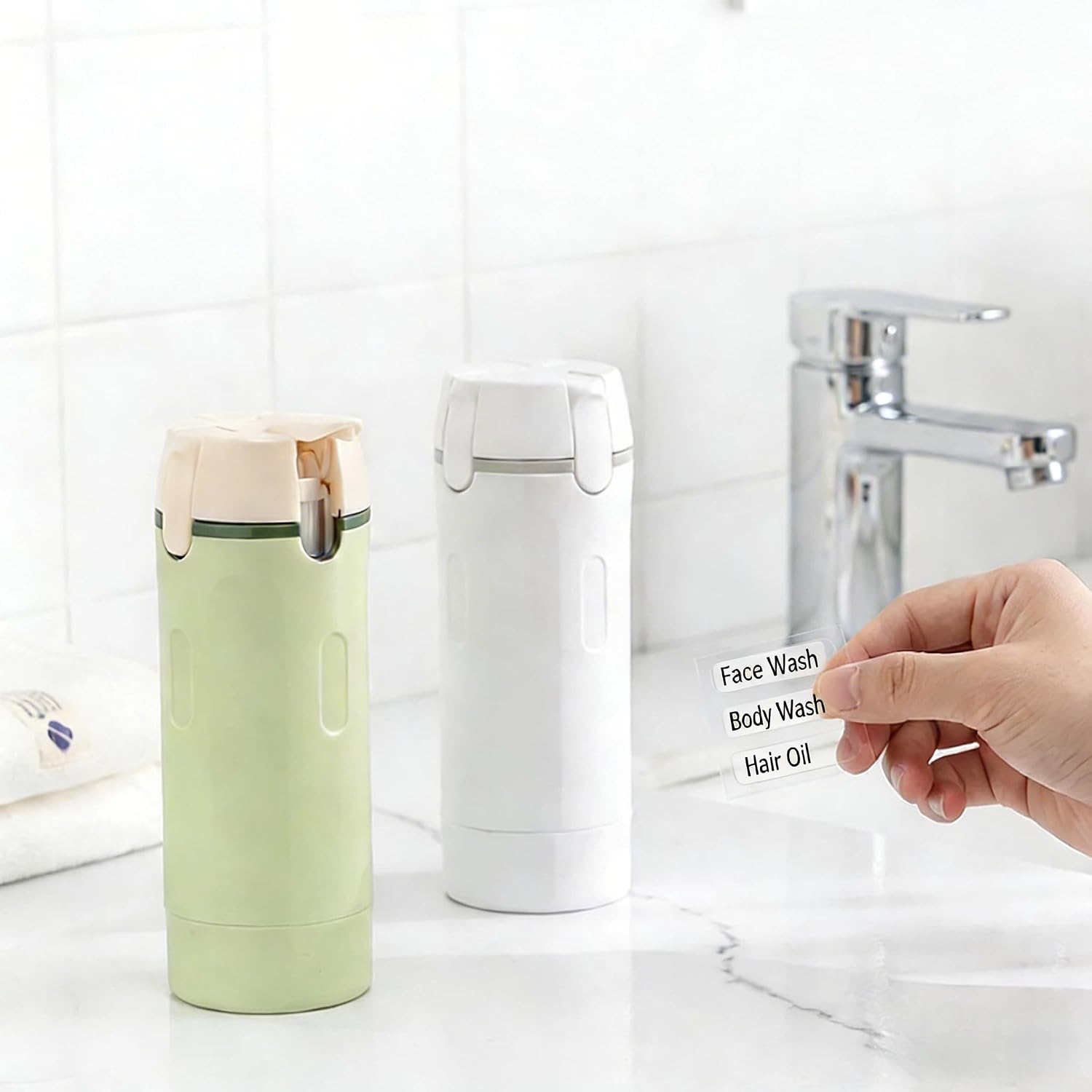 4-in-1 Travel Pump Bottle Set, Cosmetic Dispenser Container with 4 Mini Spray Bottles and Labels (Green)