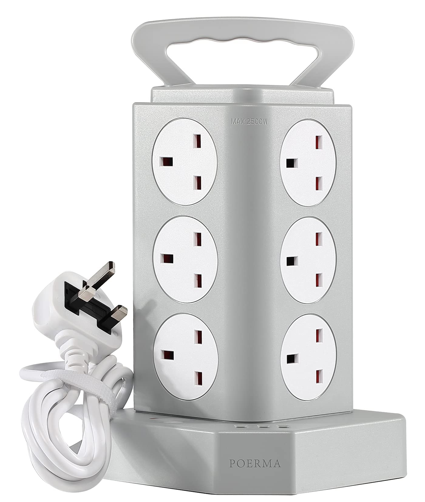 POERMA Tower Power Strip Extension Lead with 3 USB Ports, Surge Protection, 12 Way Electric Plug Socket Charging Station, Vertical Power Strip for Home, Office, and More, 1.8M/6Ft Extension Cord