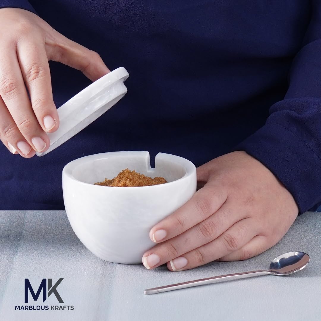 MARBLOUS KRAFTS White Marble Salt Cellar with Lid and Spoon 3 x 4 Inches Round Salt Bowl for Kitchen Countertop Salt and Sugar Container - Image 2