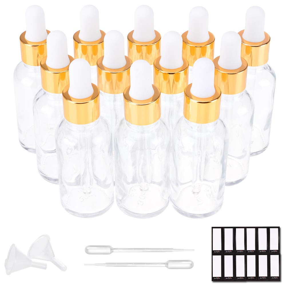 PrettyCare Eye Dropper Bottle 1 oz (12 Pack Clear Glass Bottles 30ml with Golden Caps, 2 Extra Measured Pipettes, 48 Labels, 2 Funnels) Empty Tincture Bottles for Essential Oils, Perfume