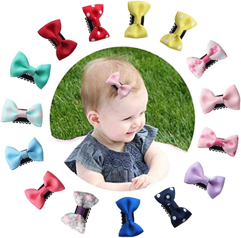 Tiny Baby Hair Clips, Bows Hair Clips Grosgrain Ribbon for Baby Girls Newborn Infant Toddlers(15Pcs)