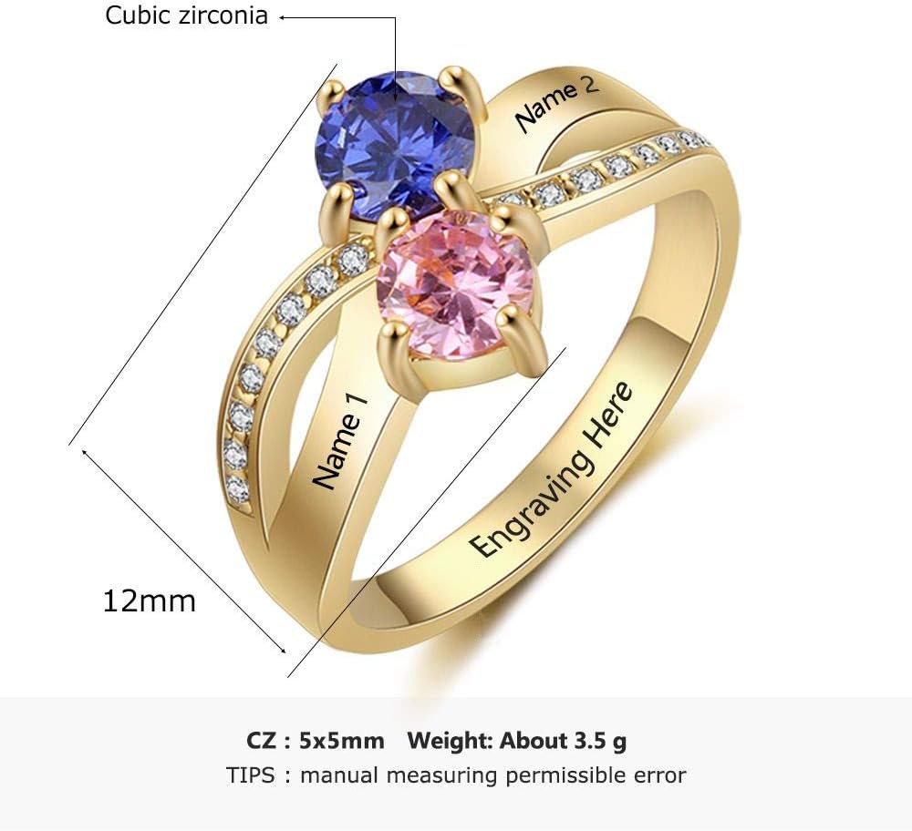 Personalized Women Promise Ring Engraved 2 Names with 2 Simulated Birthstone Engagement Rings for Her (Gold, 7)