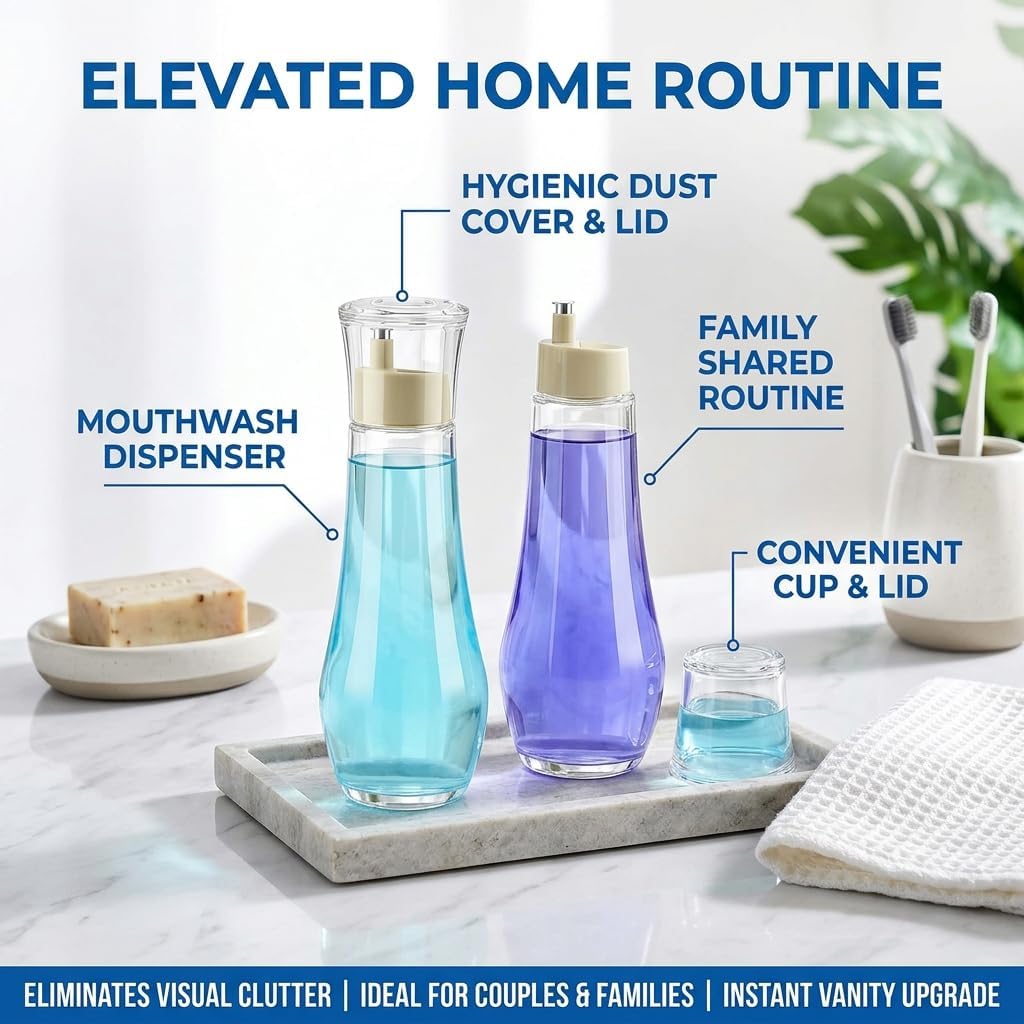 Glass Mouthwash Dispenser, 2pack Refillable Decanter Bottle, 8.8 Oz