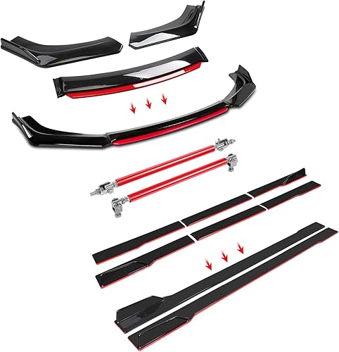Miniatura 7 de TOMICOB Kit de difusor de alerón de barbilla, color negro brillante con parachoques delantero rojo con faldones laterales de 78.7 pulgadas, paneles