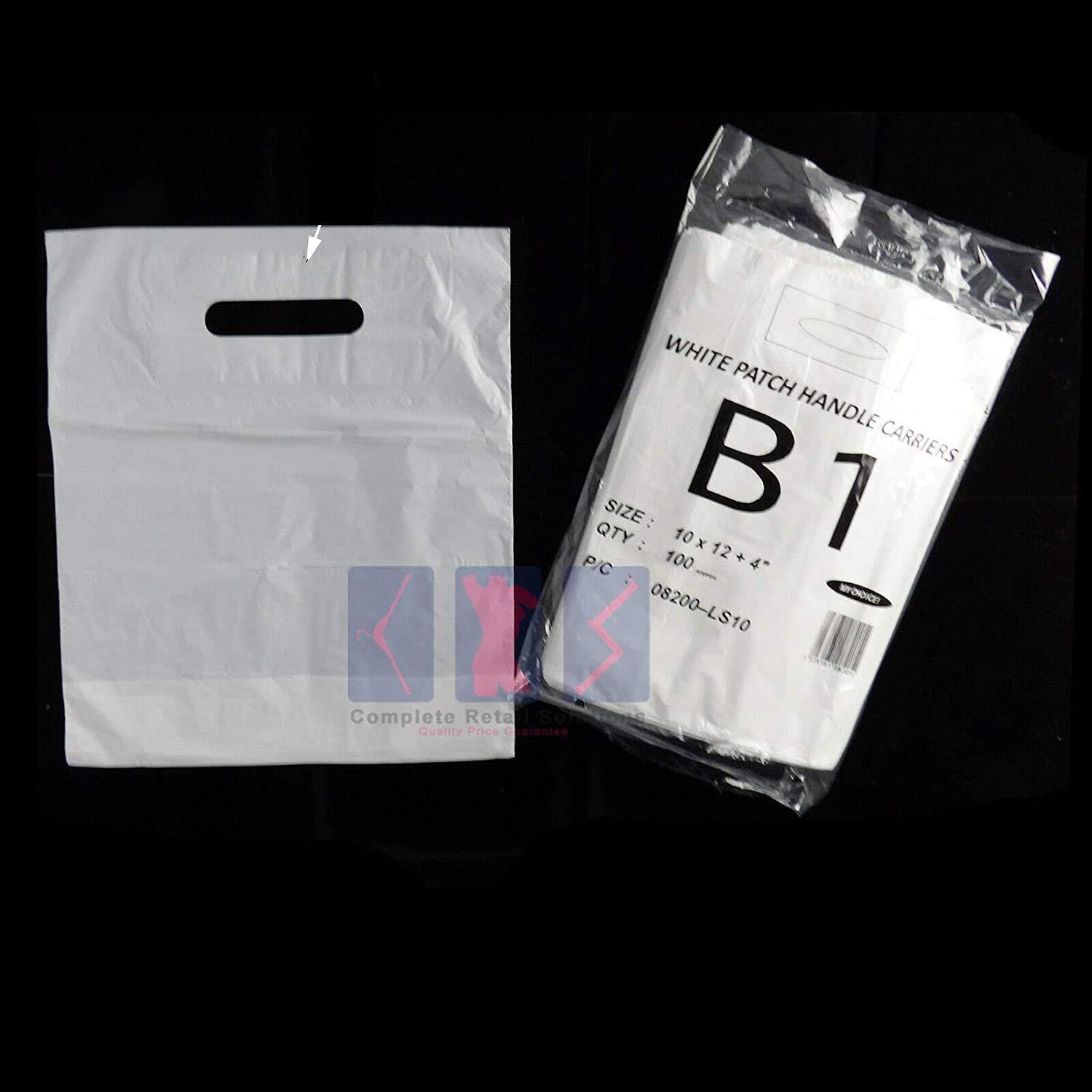 100XNew White Patch Handle Carrier Gift Retail Shopping Plastic Bags for Retail Shop (10" x 12" + 4")