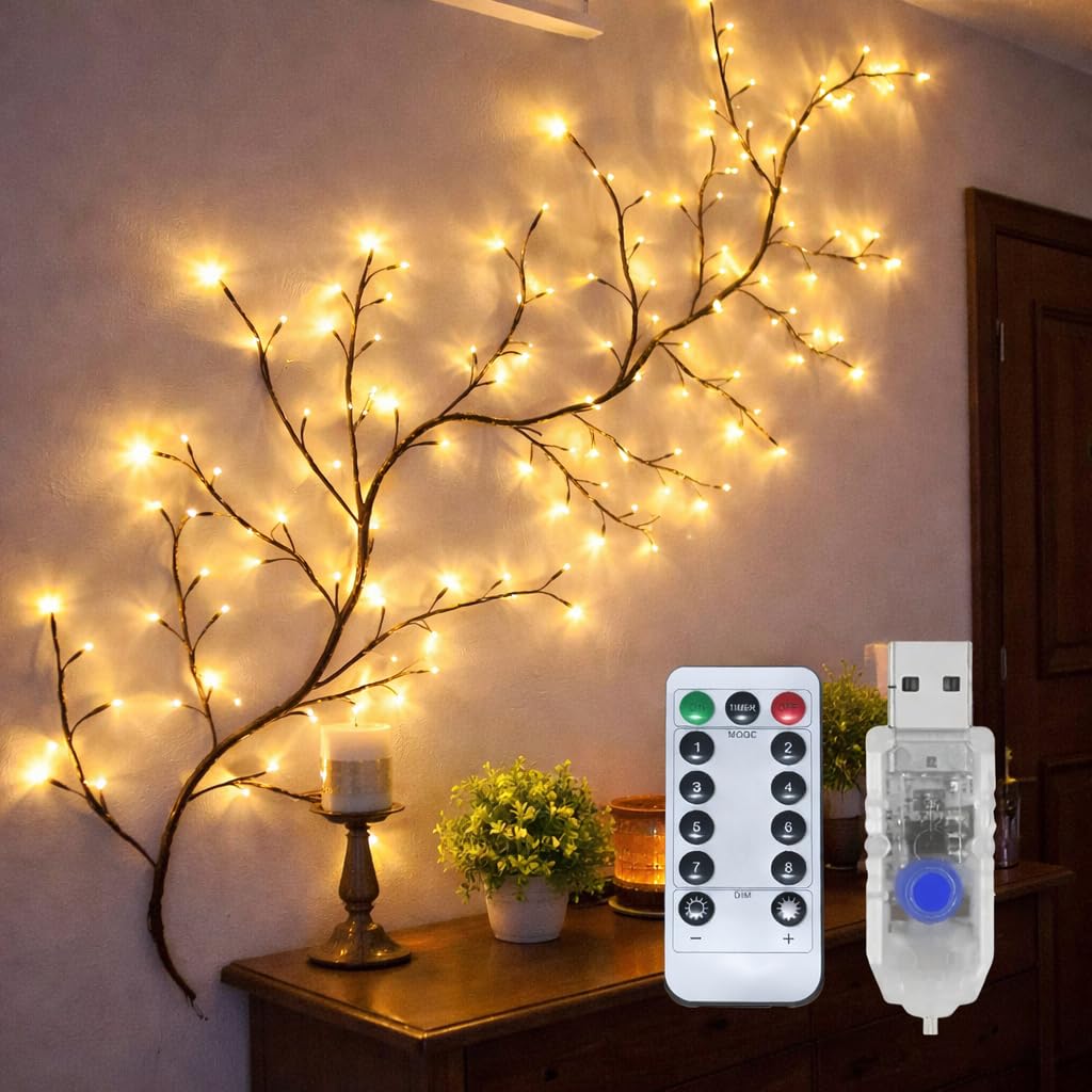 SHOPERA Realistic Lighted Willow Vine - 5.5Ft Artificial Tree Branch Wall Decor - Warm Glow LED Fairy Lights with 8 Modes & Remote - Bendable DIY Botanical Wall Hanging for Home & Festive Decor-image-33
