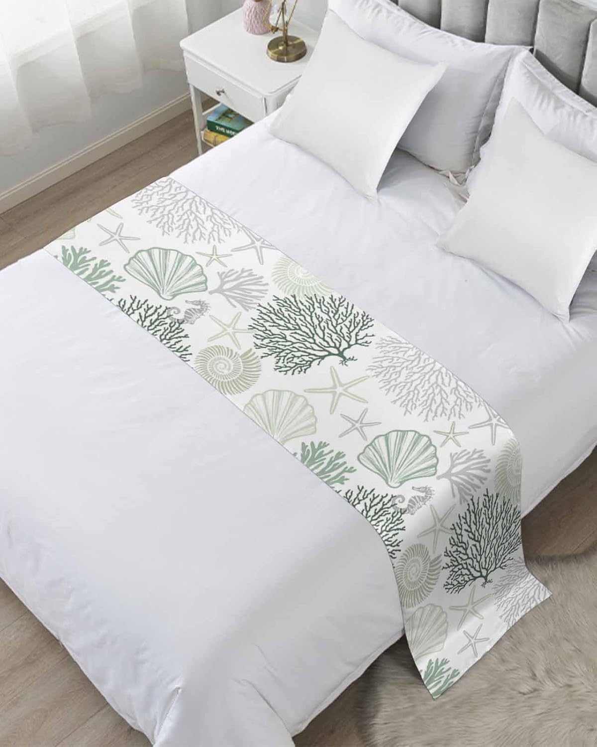 Blue Gray Coastal Bed Runners for Twin Size Bed, Summer Beach Decorative Bed Runner Scarve, Nautical Coral Shell Starfish Bed Throws for Foot of Bed, Bedding Protector Slipcover for Bedroom