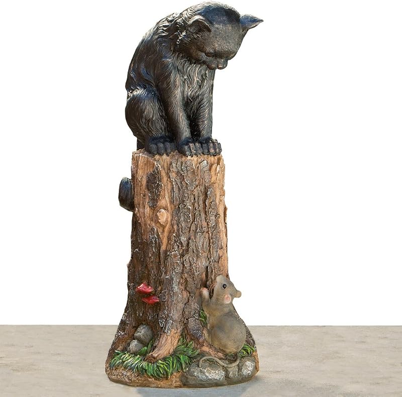 Bits and Pieces – Estatua de jardín de gato y ratón – Escultura de gatito al aire libre en un tocón – Decoración del hogar de poliresina de 17 pulgadas resistente a la intemperie adorno de césped