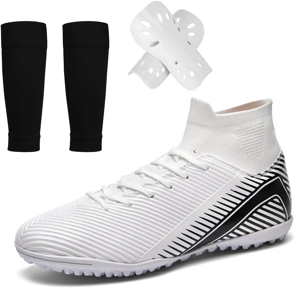 Men's Women's Adult Football Shoes High Top Soccer Boots Training Cleats AG/TF for Turf Baseball Sneaker Youth Adult Sizes with Shin Guard Sock Set