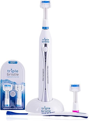 Triple Bristle Cepillo de dientes Sonic original + cabezales de cepillo de repuesto de 3 lados, paquete de 2 unidades (azul)