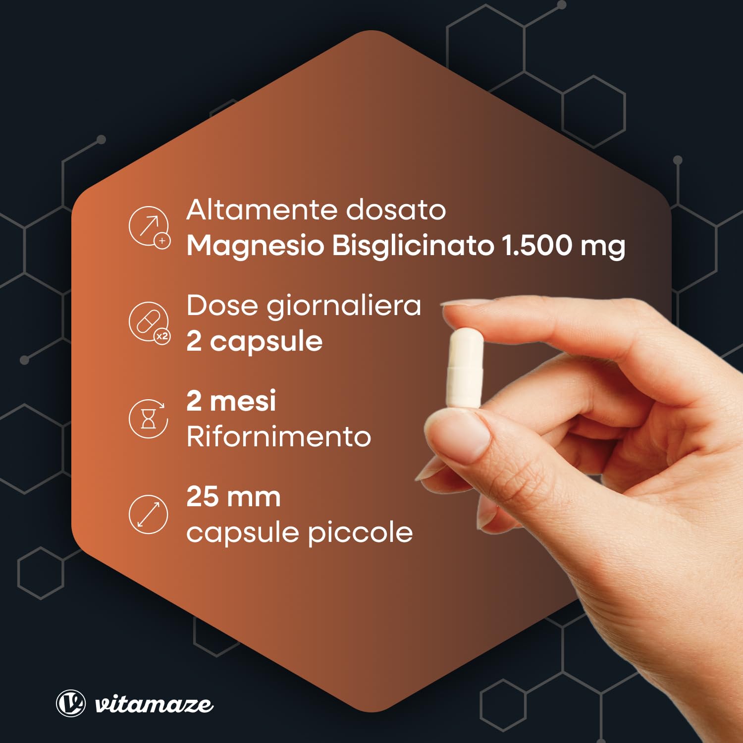 Magnesio Bisglicinato 1500 mg in sole 2 capsule piccole al giorno altamente dosate, 300 mg magnesio elementare, Anti Stress, Fatica e Dolori Muscolari, Rilassante, 120 capsule vegane, Made in Germany