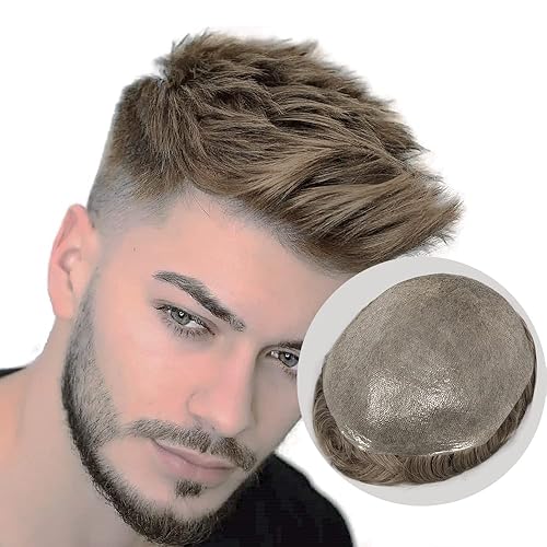 Amiable Tupé de piel suave y fina para hombres, cabello humano anudado de 8 x 10 pulgadas, gorra de piel de 0.002 in, onda natural virgen europea