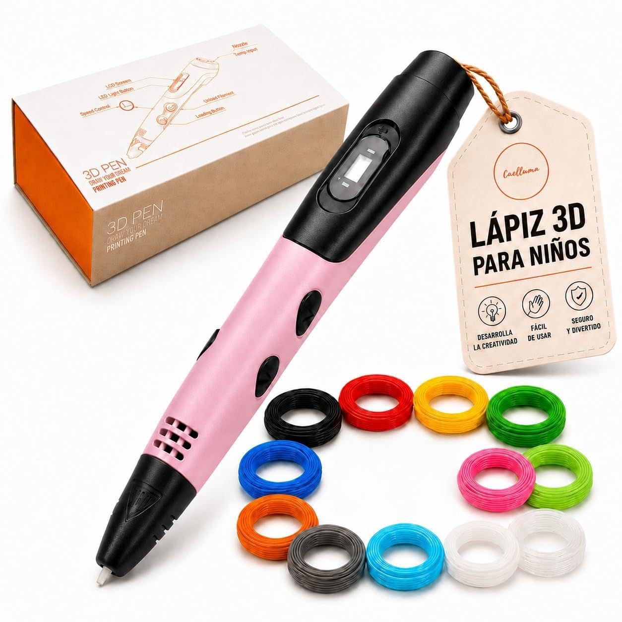 Bolígrafo 3D para Niños con 12 Colores PLA · Sin Pantallas ni Apps · Ideal para Regalar · Seguro, Fácil de Usar y Creativo · Incluye Accesorios y Manual en Español (Rosa)