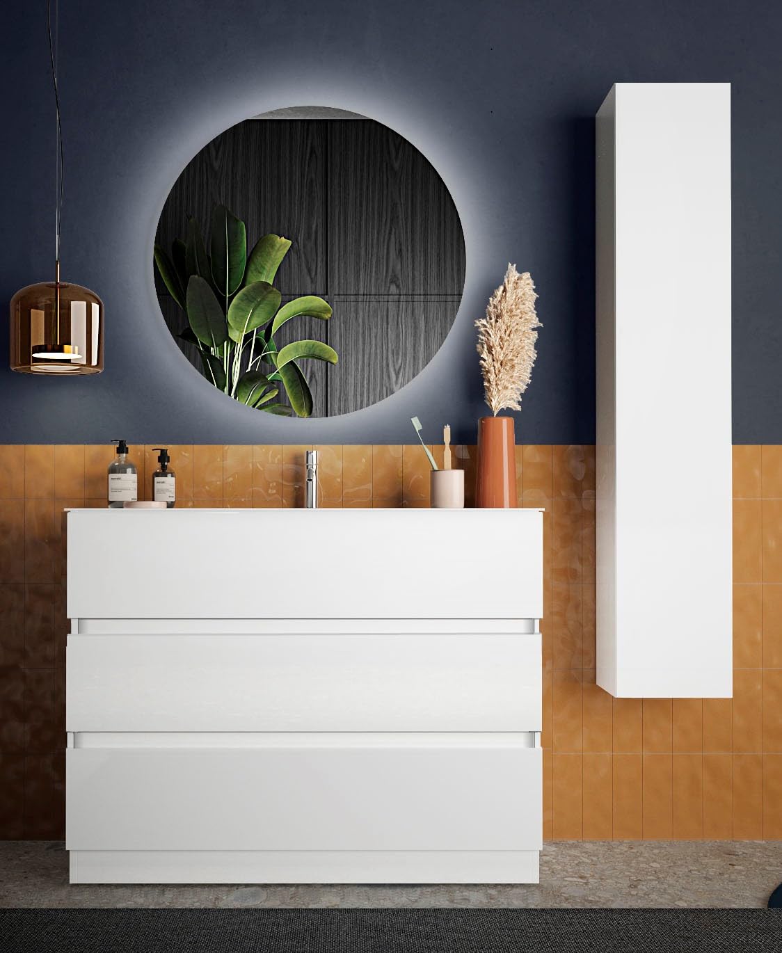 Web Convenienza Mobile Bagno con Cassetti Moderno - Mobiletto Lavandino Bagno - Colore Bianco Lucido - Base a terra 3 cassetti - 100 cm