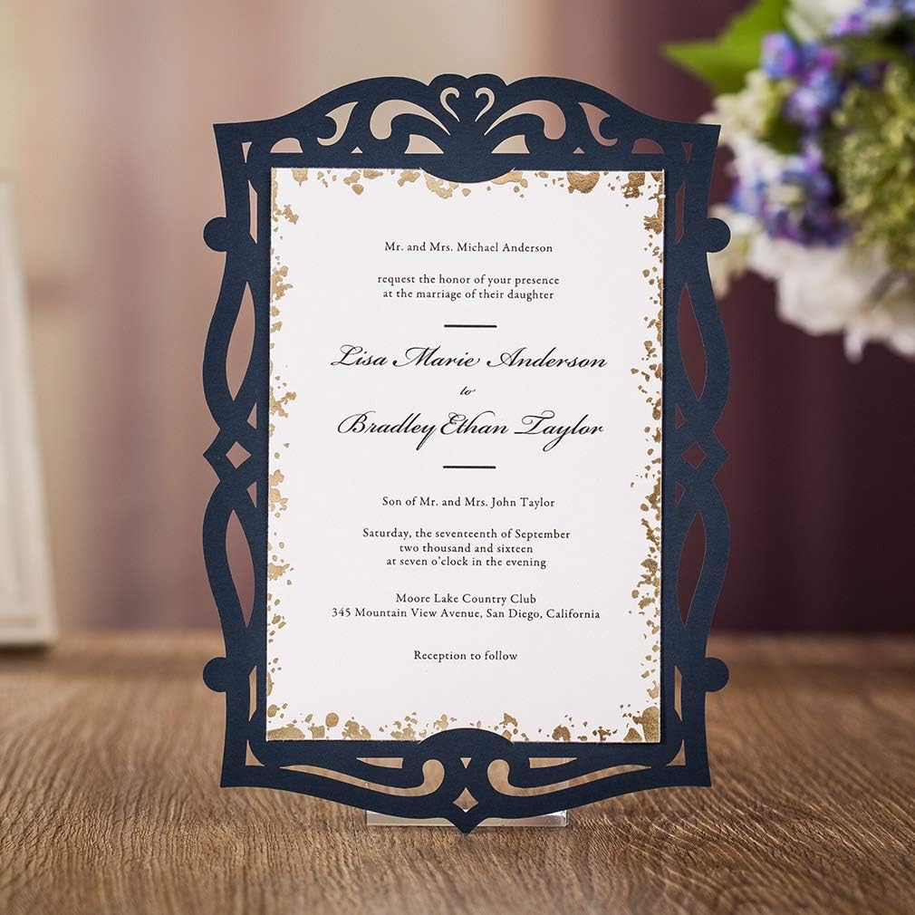 VEMELKA Vintage Wedding Invitations Cards with Laser Cut Navy Blue Lace for Bridal Shower,Engagement,Anniversary, Quinceanera or Other Event Ideas (1 Piece)